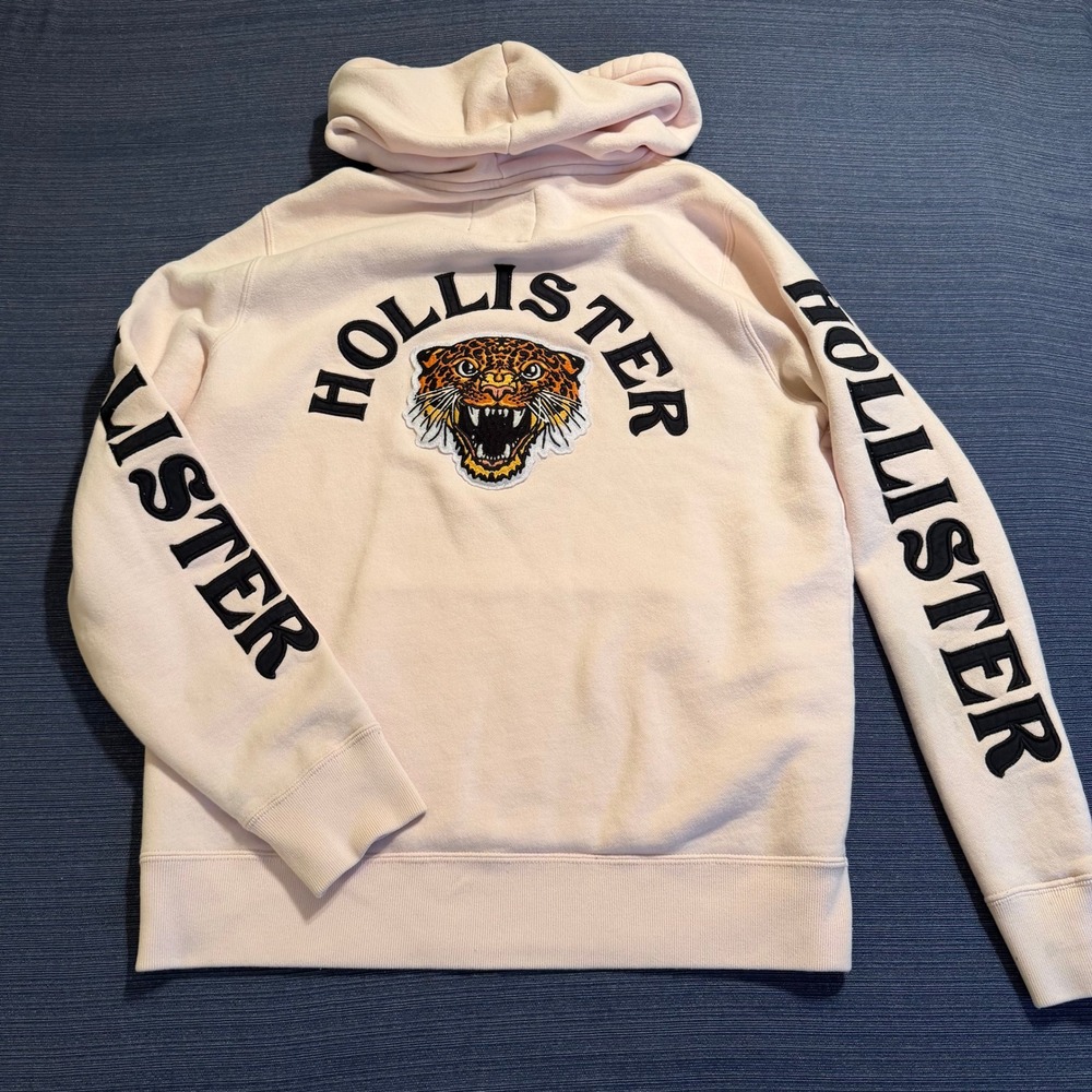 Hollister Womens Pink Tiger Graphic Embroidered Hoodie Sweatshirt Large